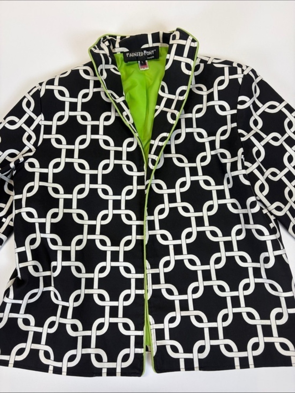 Painted Pony Chain Print Open Front Blazer Lime Green Women Size Large
